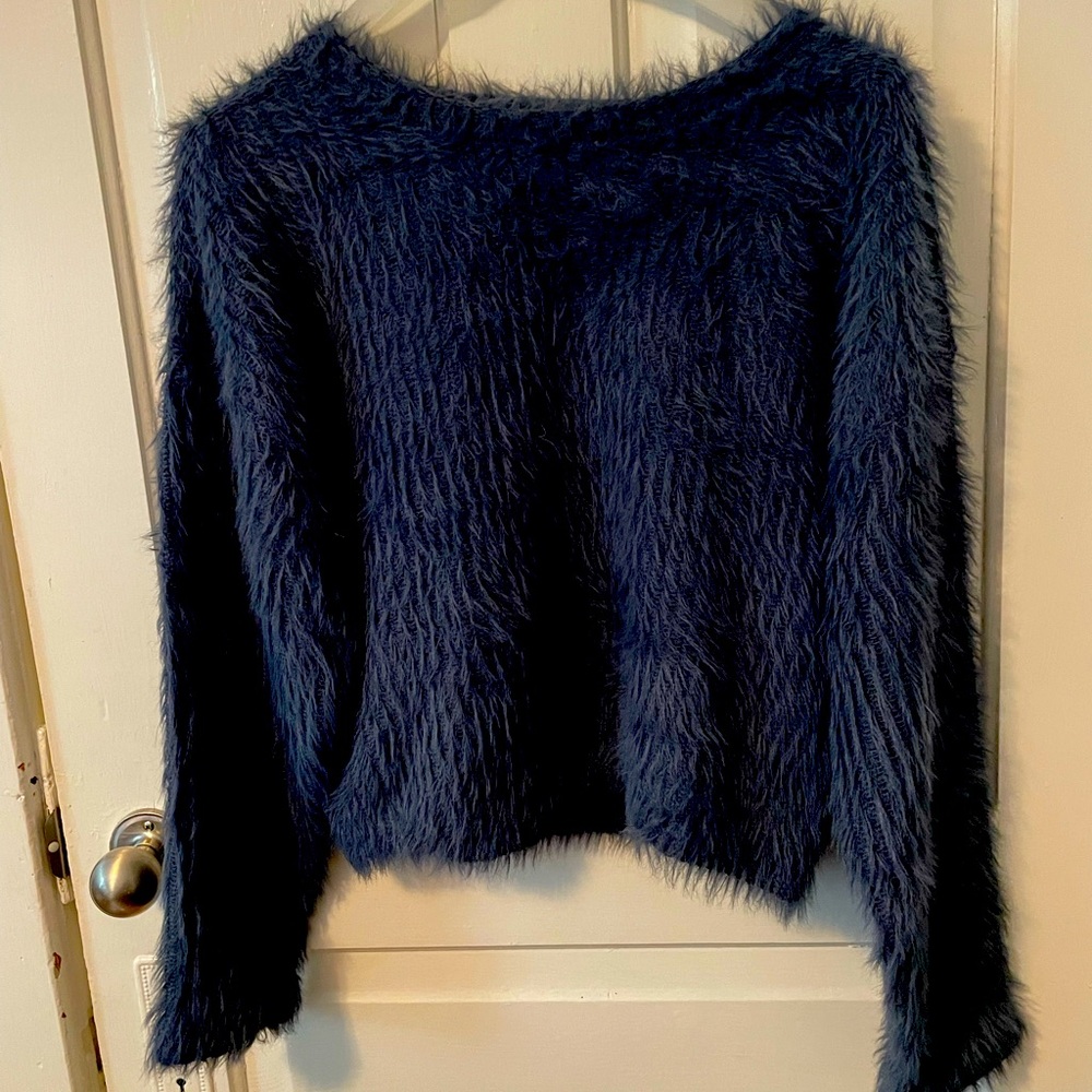 Fun fuzzy navy blue sweater a la Emily in Paris 😊